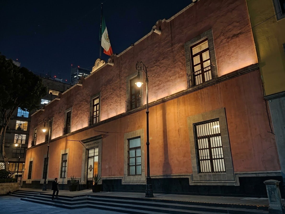 Fachada nocturna del Antiguo Edificio del Senado de la República, calle Xicoténcatl, Centro Histórico